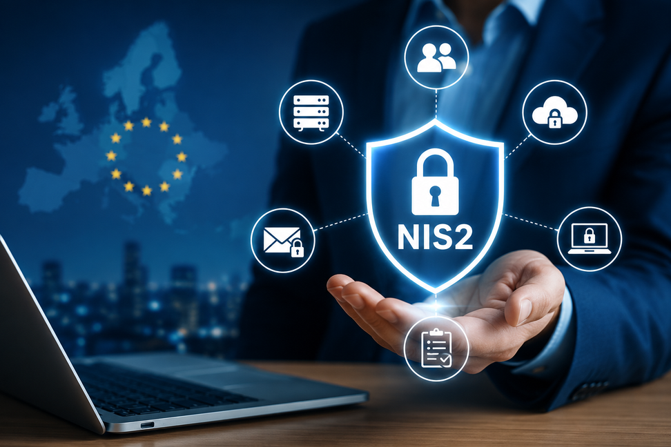 Illustration zur NIS2-Richtlinie mit digitalem Schutzschild, Laptop und Symbolen für IT-Sicherheit, Cybersecurity und Unternehmensschutz.