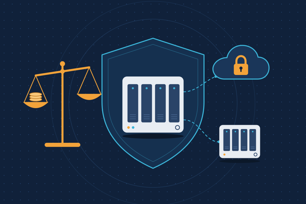 Geschäftsführerhaftung und IT-Sicherheit: DiskStation, Cloud-Backup und Waage als Symbol der Haftung
