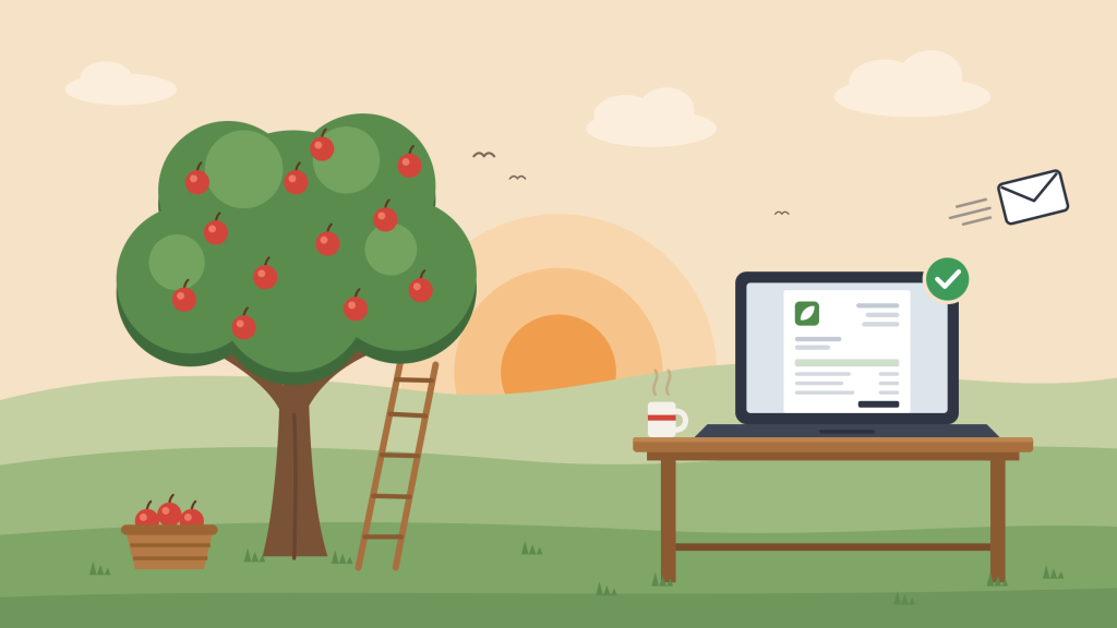 Illustration: Apfelbaum im Abendlicht und Laptop mit digitaler Rechnung – Rechnungen digitalisieren.