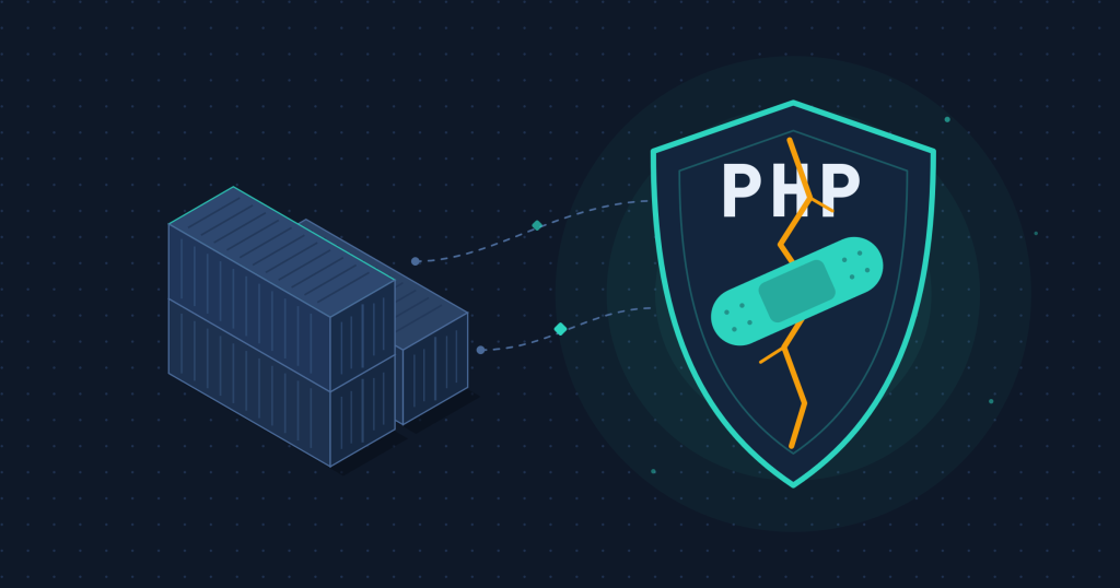 PHP-Sicherheitslücke: Schutzschild mit geflicktem Riss neben Server-Containern